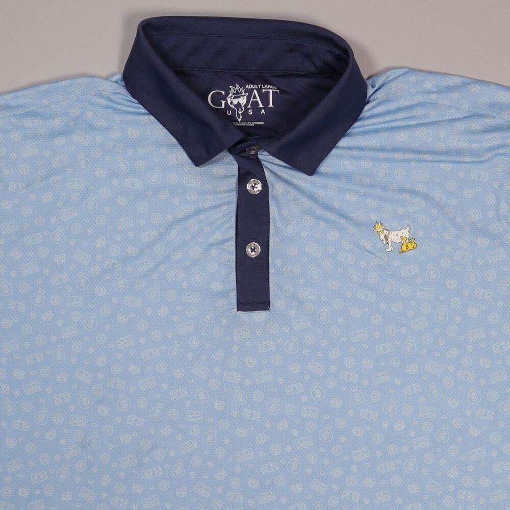 GOAT USA Golf Polo Shirt Performance Stretch Money Bags Blue Mens Large